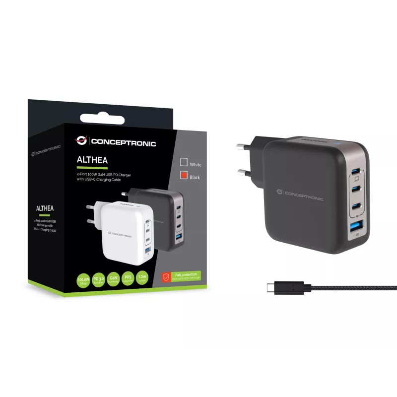 Conceptronic 4-portine 100 W GaN USB PD laadija USB-C laadimiskaabliga, USB-C x 3, USB-A x 1, QC 3.0, PPS