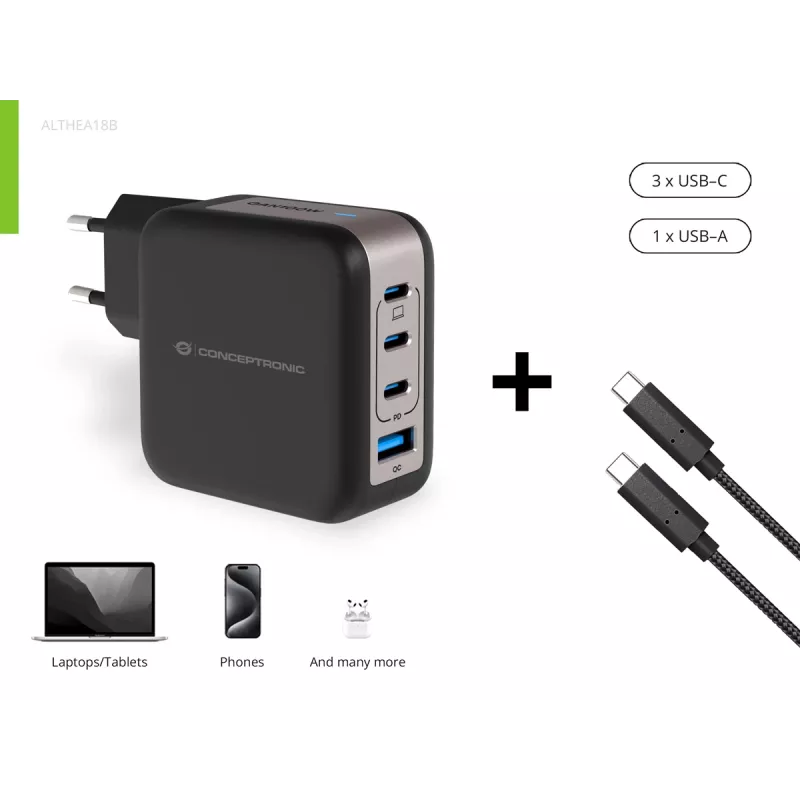 Conceptronic 4-portine 100 W GaN USB PD laadija USB-C laadimiskaabliga, USB-C x 3, USB-A x 1, QC 3.0, PPS