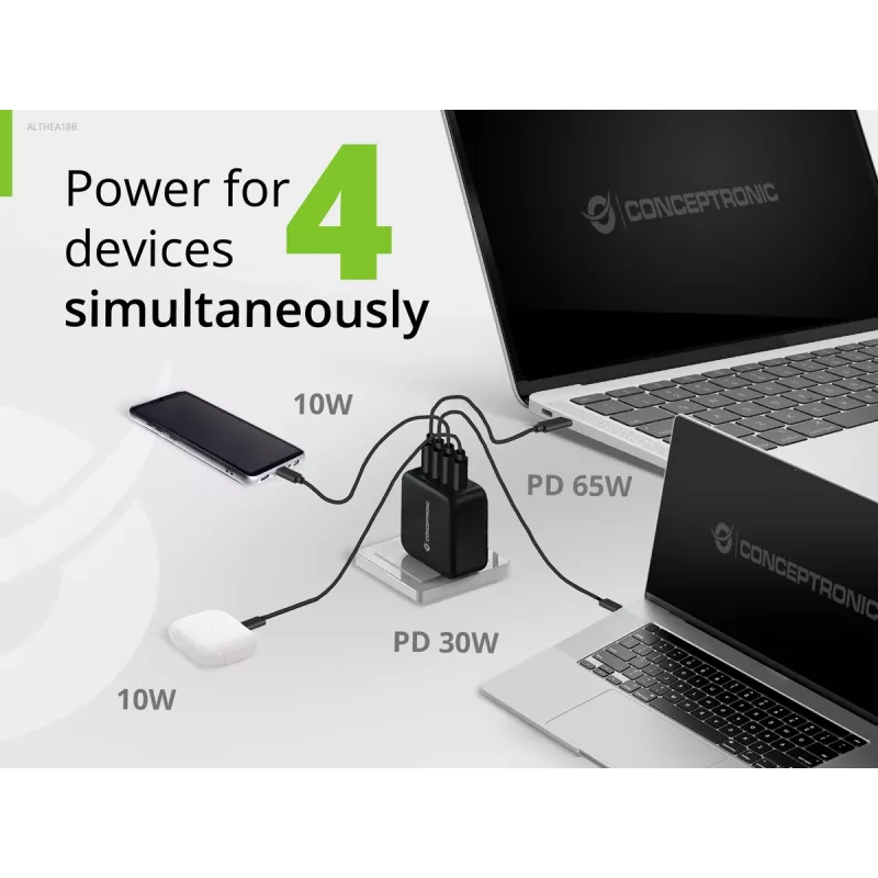 Conceptronic 4-portine 100 W GaN USB PD laadija USB-C laadimiskaabliga, USB-C x 3, USB-A x 1, QC 3.0, PPS