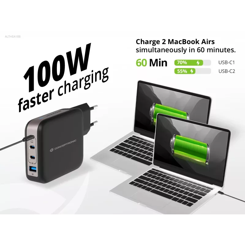 Conceptronic 4-portine 100 W GaN USB PD laadija USB-C laadimiskaabliga, USB-C x 3, USB-A x 1, QC 3.0, PPS
