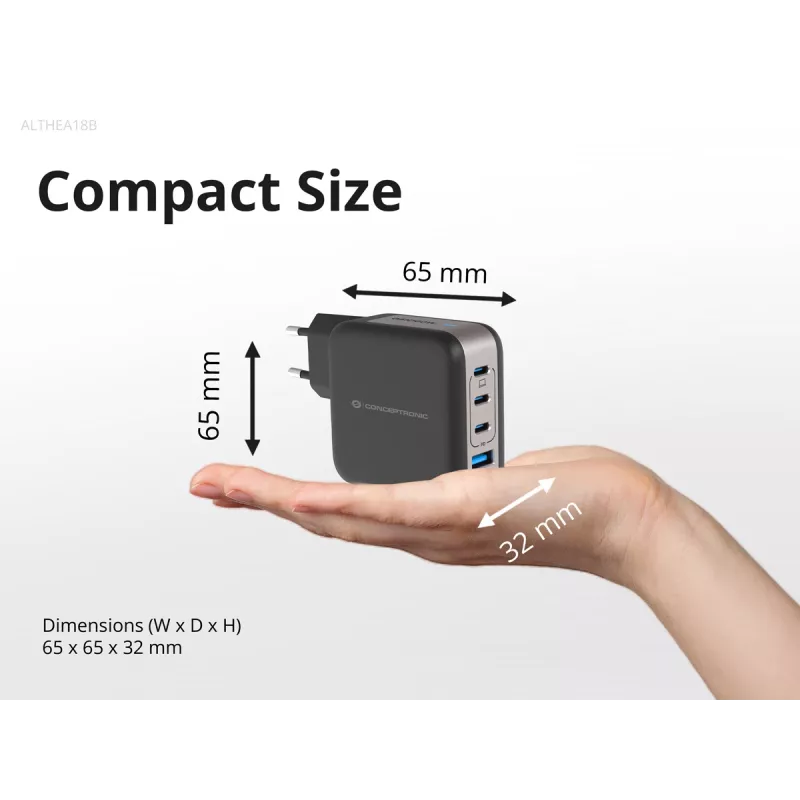 Conceptronic 4-portine 100 W GaN USB PD laadija USB-C laadimiskaabliga, USB-C x 3, USB-A x 1, QC 3.0, PPS