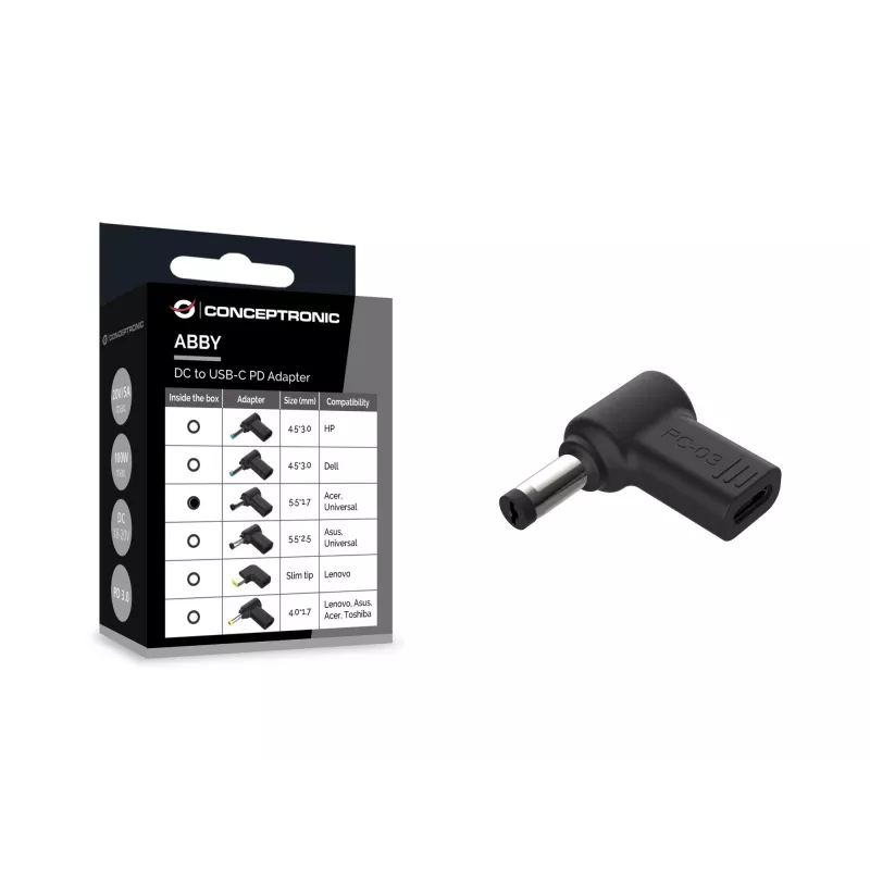 Conceptronic ABBY15PC03 alalisvoolu USB-C-adapter, Acer/universaalne 5,5x1,7 mm, 18-20 V