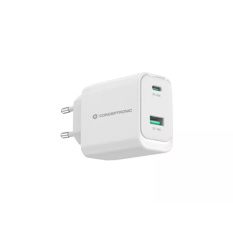 Conceptronic ALTHEA20W45 2-pordiline 45 W GaN USB PD laadija, USB-C x 1, USB-A x 1, QC 3.0, PPS, PD 3.0