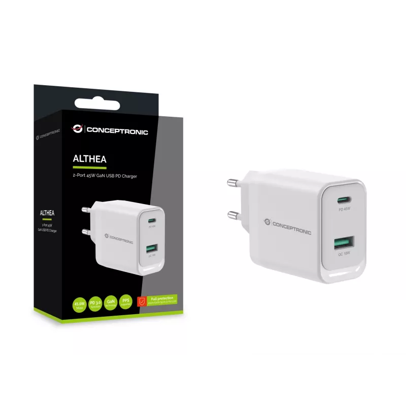 Conceptronic ALTHEA20W45 2-pordiline 45 W GaN USB PD laadija, USB-C x 1, USB-A x 1, QC 3.0, PPS, PD 3.0