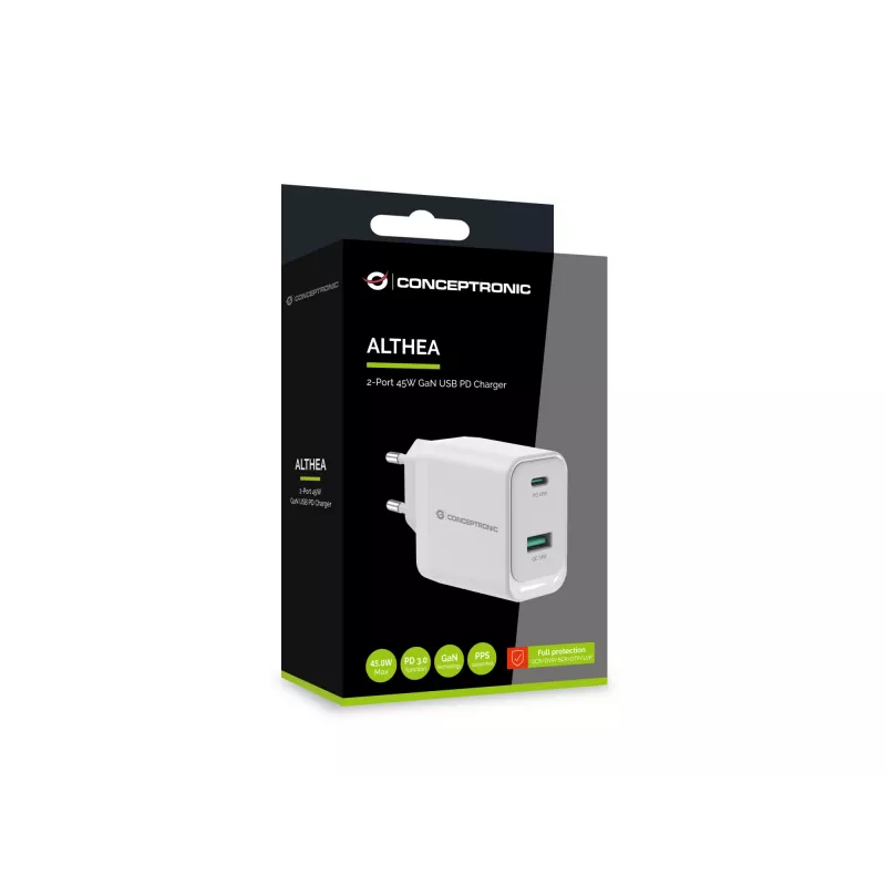Conceptronic ALTHEA20W45 2-pordiline 45 W GaN USB PD laadija, USB-C x 1, USB-A x 1, QC 3.0, PPS, PD 3.0