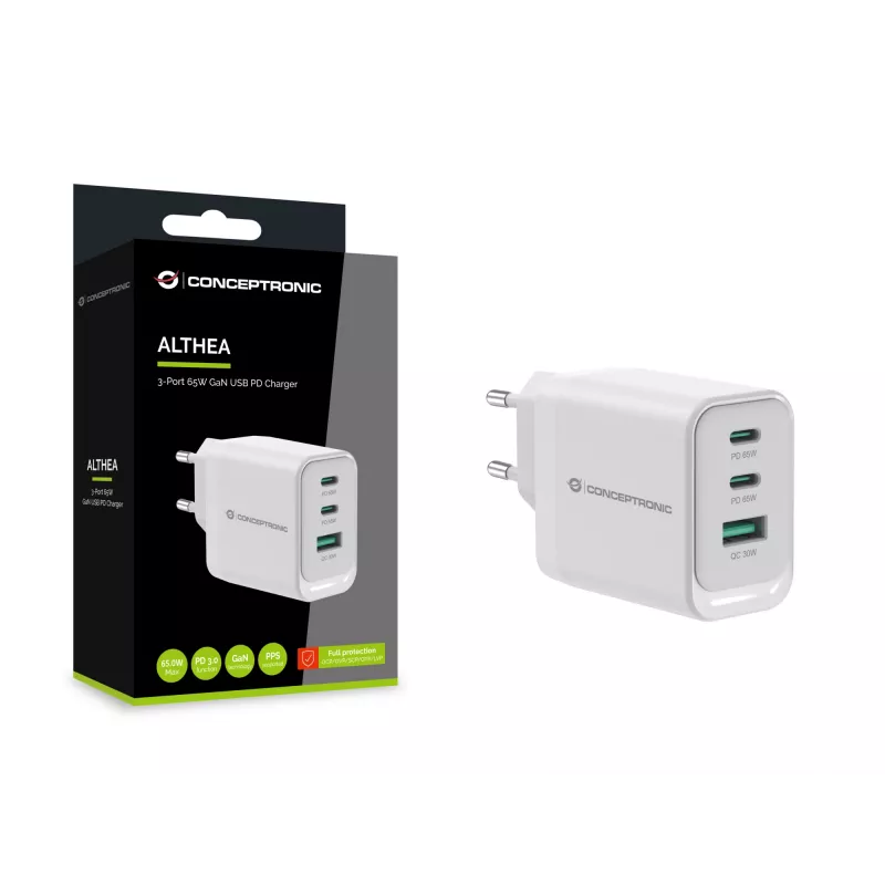 Conceptronic ALTHEA21W65 3-pordiline 65W GaN USB PD laadija, USB-C x 2, USB-A x 1, QC 3.0, PPS, PD 3.0