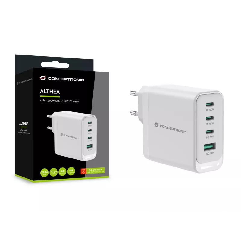 Conceptronic ALTHEA22W100 4-pordiline 100W GaN USB PD laadija, USB-C x 3, USB-A x 1, QC 3.0, PPS, PD 3.0