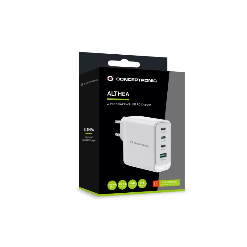 Conceptronic ALTHEA22W100 4-pordiline 100W GaN USB PD laadija, USB-C x 3, USB-A x 1, QC 3.0, PPS, PD 3.0