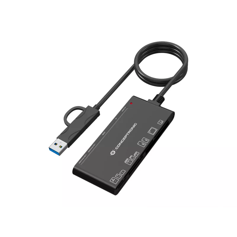 7-ühes kaardilugeja CONCEPTRONIC BIAN10B — USB 3.2 Gen 1 Type-A/USB-C, CF/MMC/MS/SD/MicroSD/xD, must