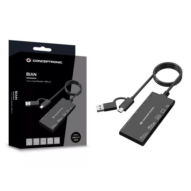 7-ühes kaardilugeja CONCEPTRONIC BIAN10B — USB 3.2 Gen 1 Type-A/USB-C, CF/MMC/MS/SD/MicroSD/xD, must