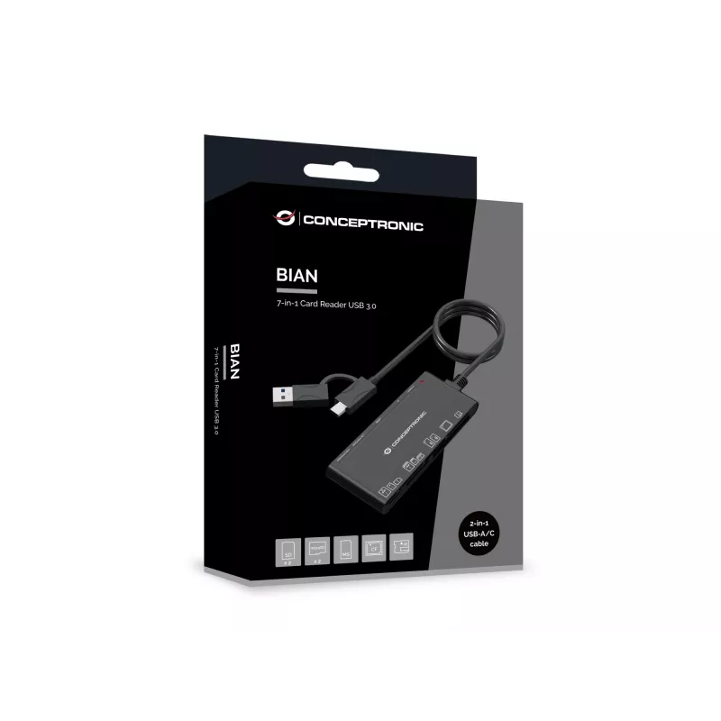 7-ühes kaardilugeja CONCEPTRONIC BIAN10B — USB 3.2 Gen 1 Type-A/USB-C, CF/MMC/MS/SD/MicroSD/xD, must