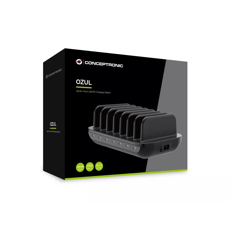 Conceptronic OZUL07B 160W 7-pordiline USB PD laadimisjaam, USB-C x 7, PD 3.0