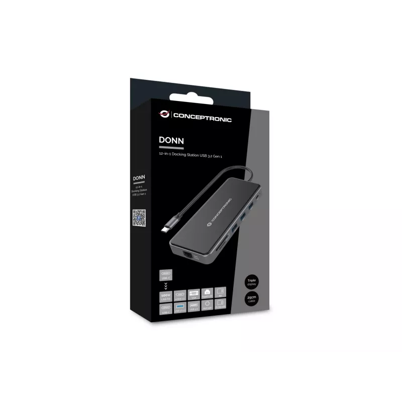 Conceptronic DONN15G sülearvuti dokk/pordireplikaator Juhtmega USB 3.2 Gen 1 (3.1 Gen 1) USB-C Hall