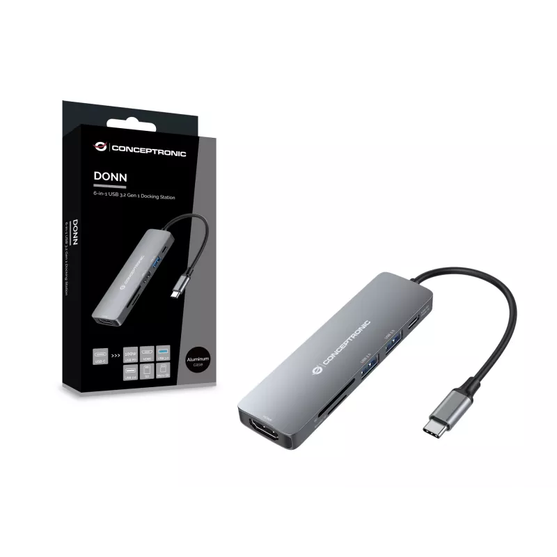 Conceptronic DONN11G 6-in-1 USB 3.2 Gen 1 dokkimisjaam, HDMI, 100W USB PD, USB 3.0, USB 2.0, SD, TF/MicroSD