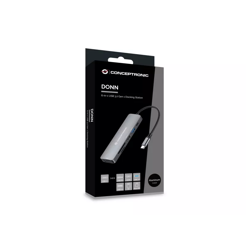 Conceptronic DONN11G 6-in-1 USB 3.2 Gen 1 dokkimisjaam, HDMI, 100W USB PD, USB 3.0, USB 2.0, SD, TF/MicroSD