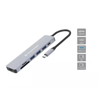 Conceptronic DONN19G 7-ühes USB 3.2 Gen 1 dokkimisjaam, HDMI, USB-A 3.0 x 3, SD, TF/MicroSD, 100W USB PD