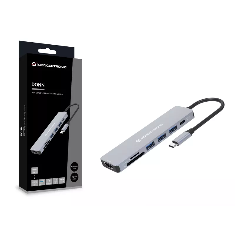 Conceptronic DONN19G 7-ühes USB 3.2 Gen 1 dokkimisjaam, HDMI, USB-A 3.0 x 3, SD, TF/MicroSD, 100W USB PD
