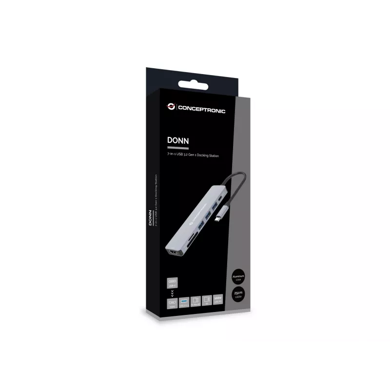 Conceptronic DONN19G 7-ühes USB 3.2 Gen 1 dokkimisjaam, HDMI, USB-A 3.0 x 3, SD, TF/MicroSD, 100W USB PD