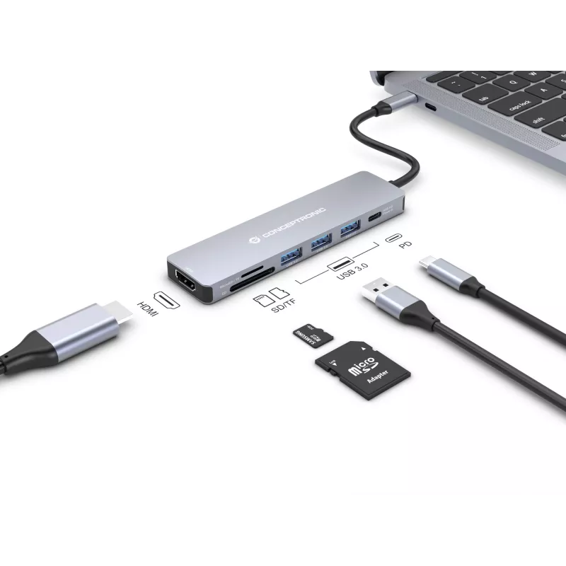 Conceptronic DONN19G 7-ühes USB 3.2 Gen 1 dokkimisjaam, HDMI, USB-A 3.0 x 3, SD, TF/MicroSD, 100W USB PD