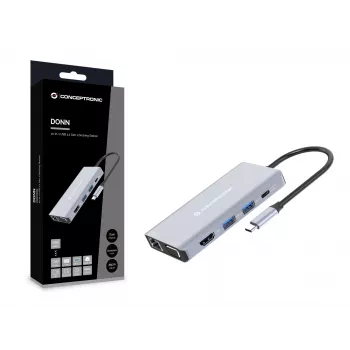 Conceptronic DONN20G 10-in-1 USB 3.2 Gen 1 dokkimisjaam, HDMI, VGA, USB-A 3.0 x 3, SD, TF/MicroSD, Audio, GbE LAN, 100W USB PD