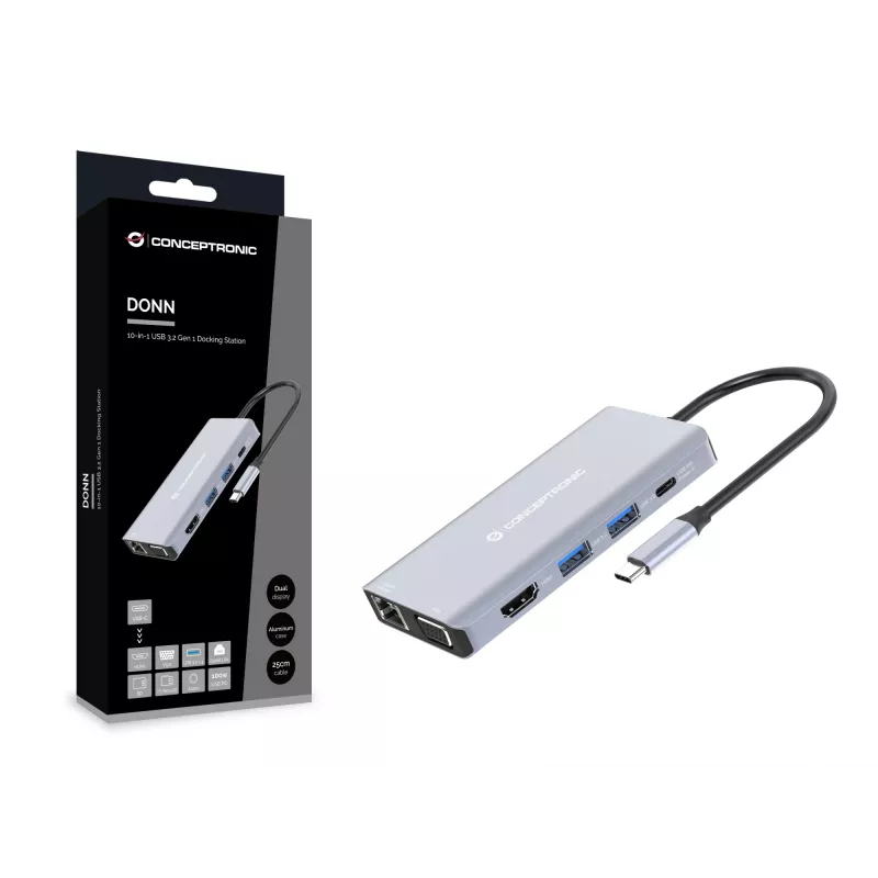 Conceptronic DONN20G 10-in-1 USB 3.2 Gen 1 dokkimisjaam, HDMI, VGA, USB-A 3.0 x 3, SD, TF/MicroSD, Audio, GbE LAN, 100W USB PD