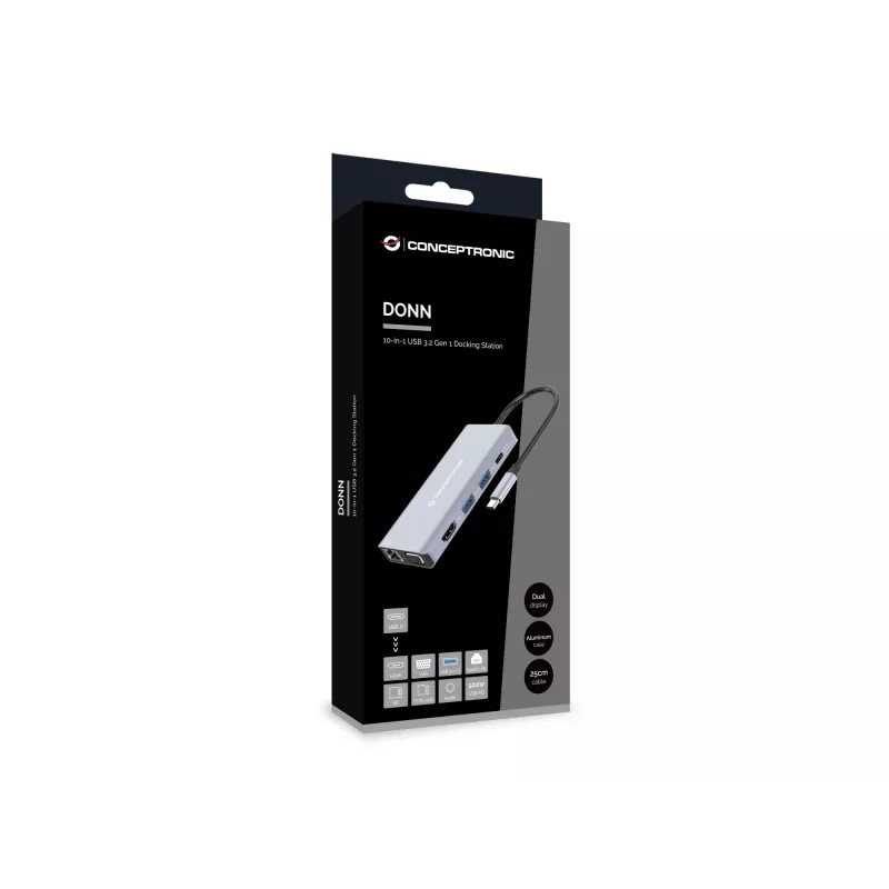Conceptronic DONN20G 10-in-1 USB 3.2 Gen 1 dokkimisjaam, HDMI, VGA, USB-A 3.0 x 3, SD, TF/MicroSD, Audio, GbE LAN, 100W USB PD