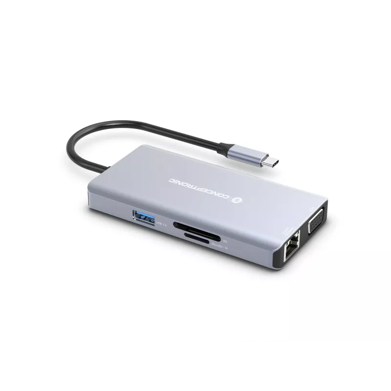 Conceptronic DONN20G 10-in-1 USB 3.2 Gen 1 dokkimisjaam, HDMI, VGA, USB-A 3.0 x 3, SD, TF/MicroSD, Audio, GbE LAN, 100W USB PD