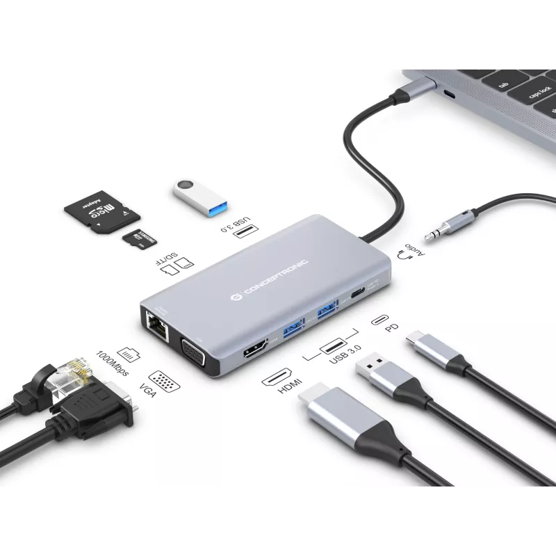 Conceptronic DONN20G 10-in-1 USB 3.2 Gen 1 dokkimisjaam, HDMI, VGA, USB-A 3.0 x 3, SD, TF/MicroSD, Audio, GbE LAN, 100W USB PD