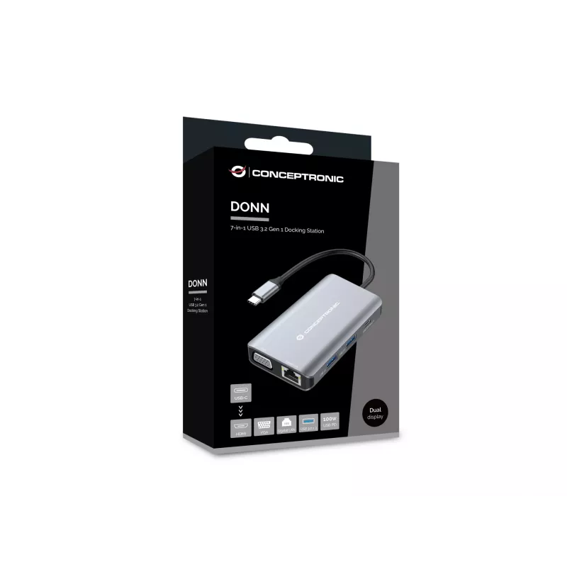 Conceptronic DONN21G sülearvuti dokk/pordireplikaator Juhtmega USB 3.2 Gen 1 (3.1 Gen 1) USB-C Hall
