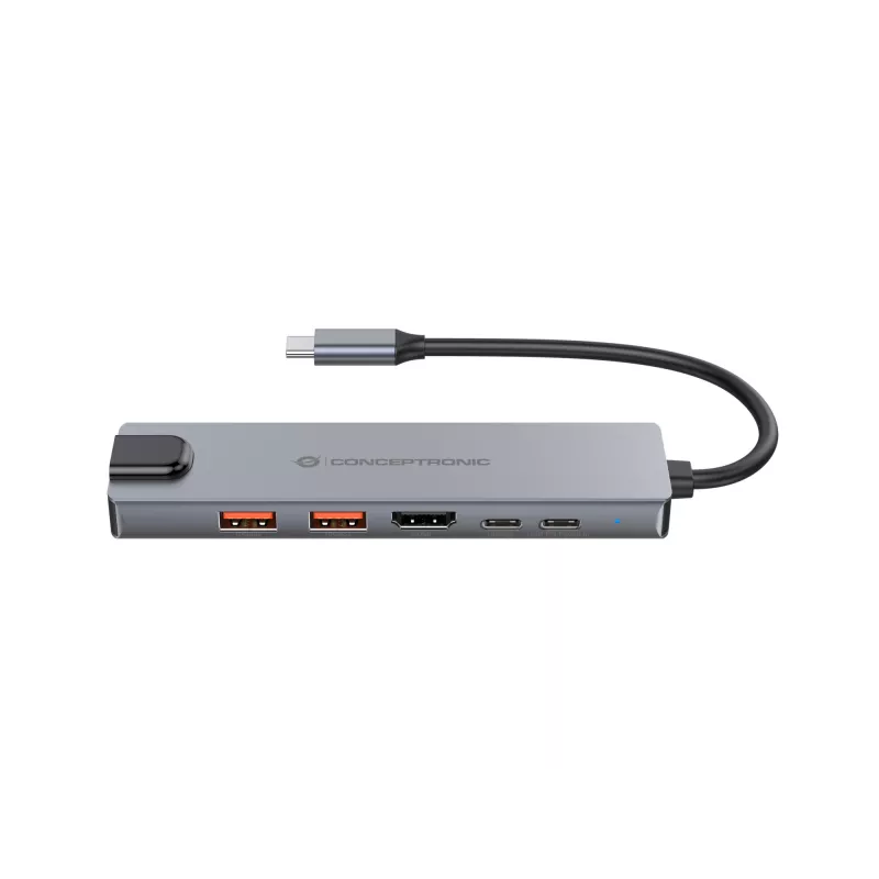 Conceptronic DONN29G 6-in-1 USB 3.2 Gen 2 dokkimisjaam, 4K60Hz HDMI, USB-A 10Gbps x 2, USB-C 10Gbps, GbE LAN, 140W USB PD 3.1