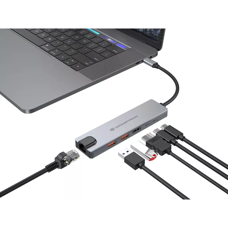 Conceptronic DONN29G 6-in-1 USB 3.2 Gen 2 dokkimisjaam, 4K60Hz HDMI, USB-A 10Gbps x 2, USB-C 10Gbps, GbE LAN, 140W USB PD 3.1