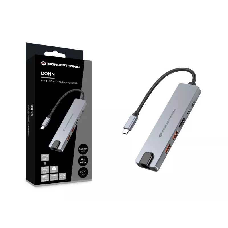 Conceptronic DONN29G 6-in-1 USB 3.2 Gen 2 dokkimisjaam, 4K60Hz HDMI, USB-A 10Gbps x 2, USB-C 10Gbps, GbE LAN, 140W USB PD 3.1