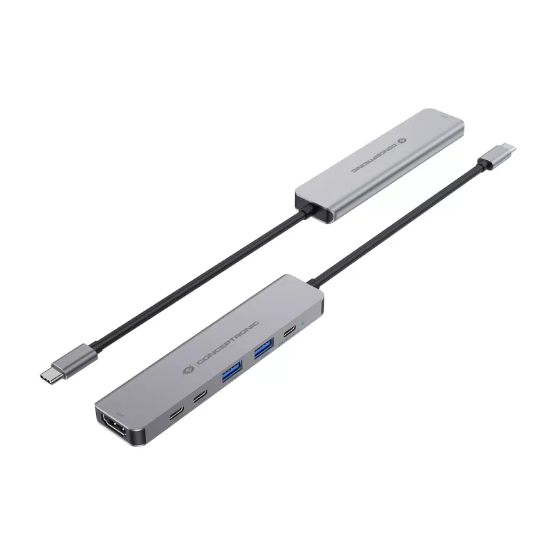 6-in-1 USB 3.2 Gen 1 dokkimisjaam CONCEPTRONIC DONN33G HDMI, 2×USB-A 5Gbps, 2×USB-C 5Gbps, 100W USB PD, hõbedane