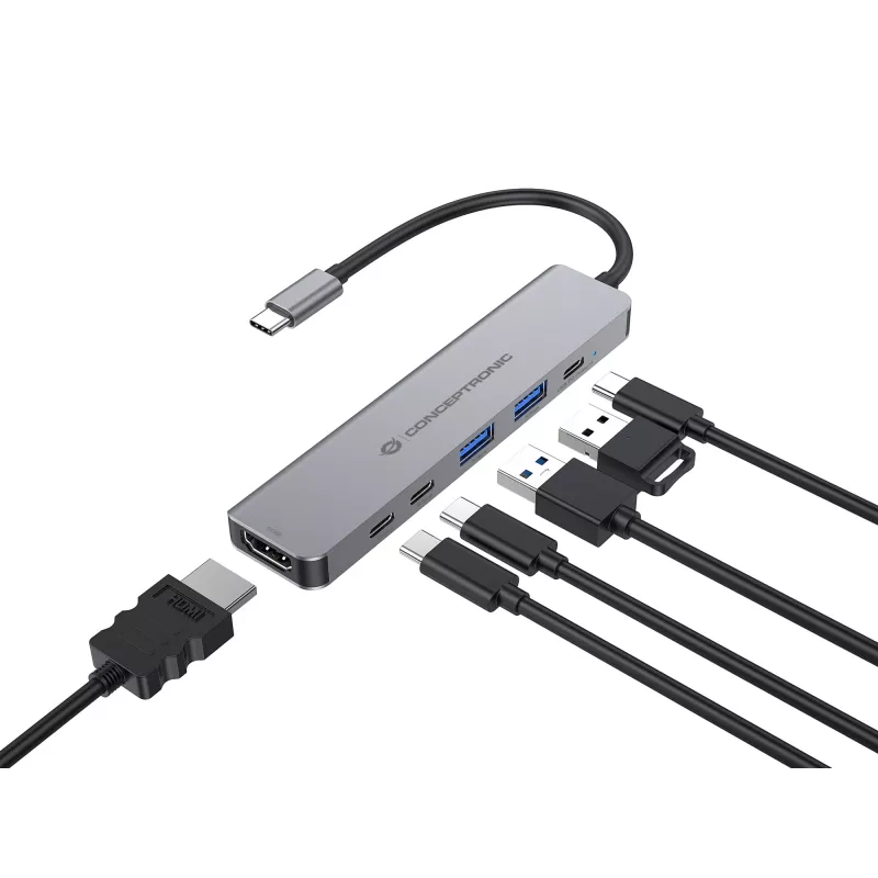6-in-1 USB 3.2 Gen 1 dokkimisjaam CONCEPTRONIC DONN33G HDMI, 2×USB-A 5Gbps, 2×USB-C 5Gbps, 100W USB PD, hõbedane