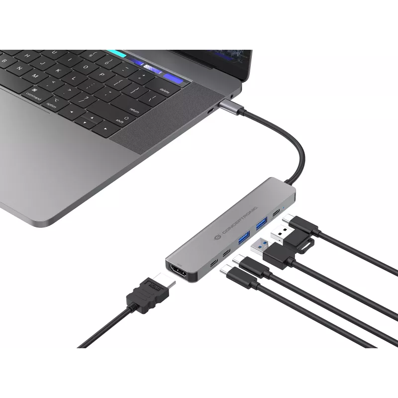 6-in-1 USB 3.2 Gen 1 dokkimisjaam CONCEPTRONIC DONN33G HDMI, 2×USB-A 5Gbps, 2×USB-C 5Gbps, 100W USB PD, hõbedane