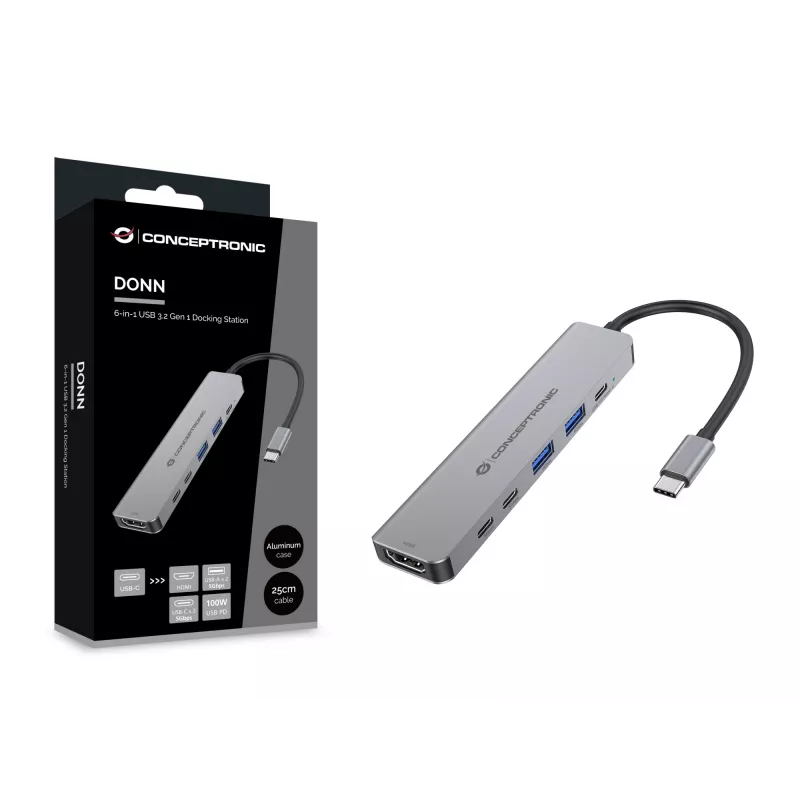 6-in-1 USB 3.2 Gen 1 dokkimisjaam CONCEPTRONIC DONN33G HDMI, 2×USB-A 5Gbps, 2×USB-C 5Gbps, 100W USB PD, hõbedane