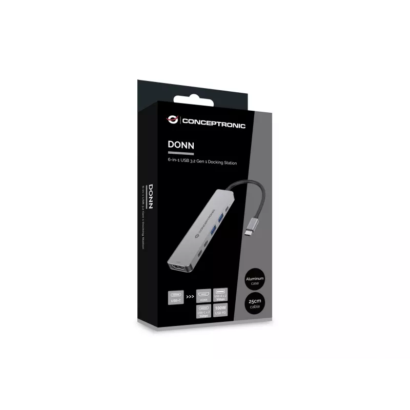 6-in-1 USB 3.2 Gen 1 dokkimisjaam CONCEPTRONIC DONN33G HDMI, 2×USB-A 5Gbps, 2×USB-C 5Gbps, 100W USB PD, hõbedane