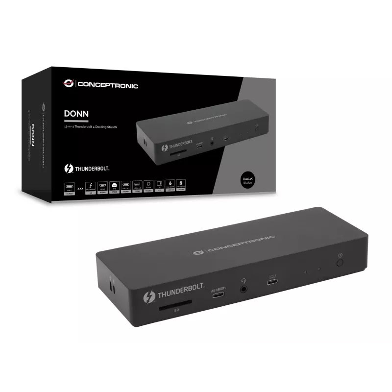 Conceptronic DONN30B 13-in-1 Thunderbolt 4 dokkimisjaam, juhtmega, Thunderbolt 4, 96 W, 3,5 mm, 10,100,1000,2000,2500 Mbit/s, IEEE 802.3bz