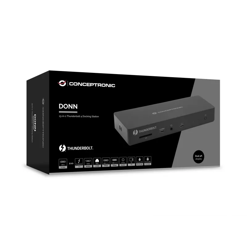 Conceptronic DONN30B 13-in-1 Thunderbolt 4 dokkimisjaam, juhtmega, Thunderbolt 4, 96 W, 3,5 mm, 10,100,1000,2000,2500 Mbit/s, IEEE 802.3bz