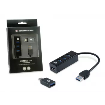 USB-jaotur Conceptronic HUBBIES 4-pordiline USB 3.0 jaotur koos USB-C OTG-adapteriga