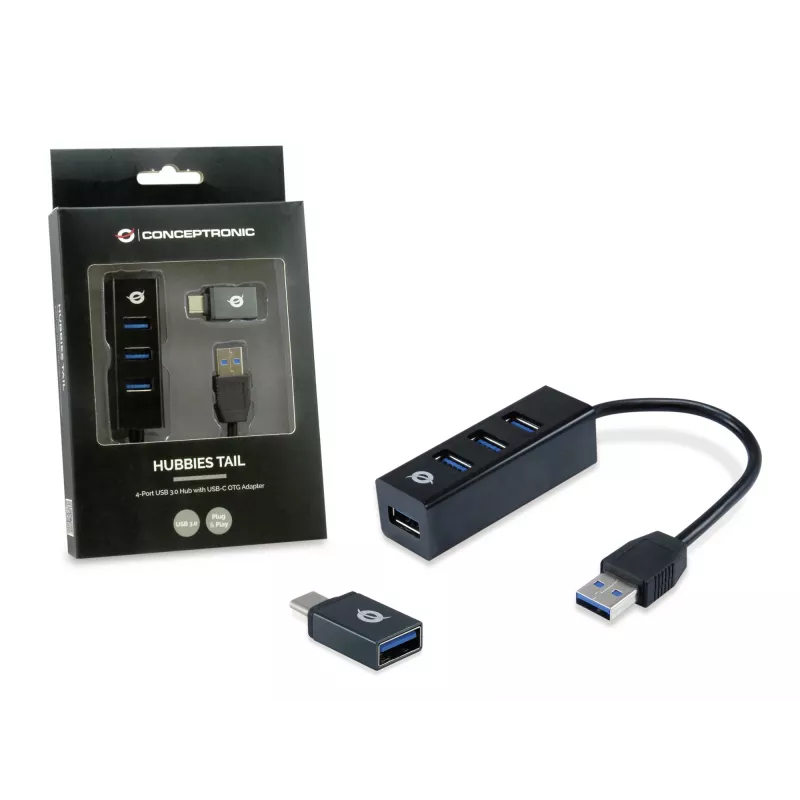 USB-jaotur Conceptronic HUBBIES 4-pordiline USB 3.0 jaotur koos USB-C OTG-adapteriga