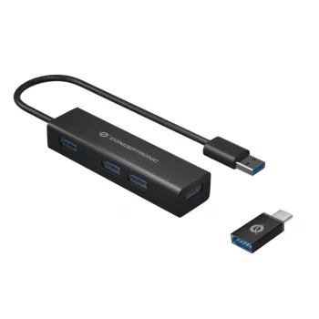 Conceptronic 4-pordiline USB 3.0 alumiiniumist jaotur koos USB-C - USB-A adapteriga