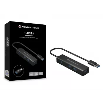 Conceptronic 4-pordiline USB 3.0 alumiiniumist jaotur koos USB-C - USB-A adapteriga