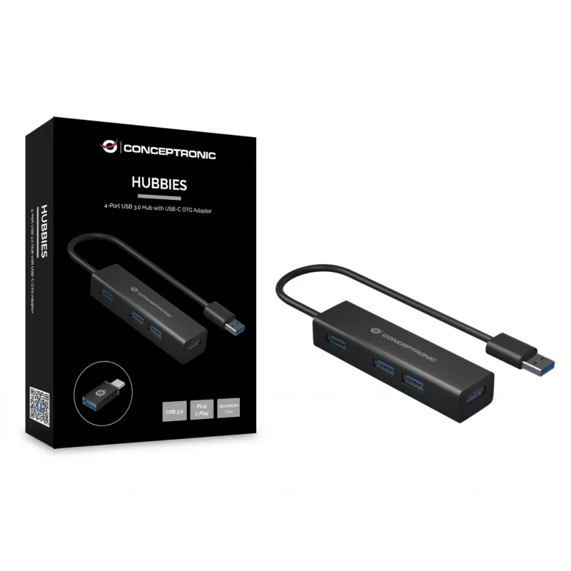 Conceptronic 4-pordiline USB 3.0 alumiiniumist jaotur koos USB-C - USB-A adapteriga