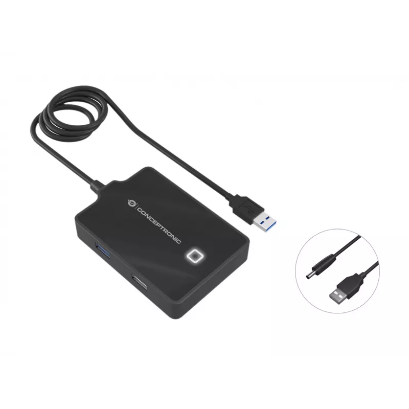 Conceptronic HUBBIES 4-pordiline USB 3.0/2.0 jaotur, 90 cm kaabel, USB 3.2 Gen 1 (3.1 Gen 1) Type-A, must, USB 2.0, USB 3.2 Gen 1 (3.1 Gen 1) Type-A, Hiina, 87 mm, 55 mm