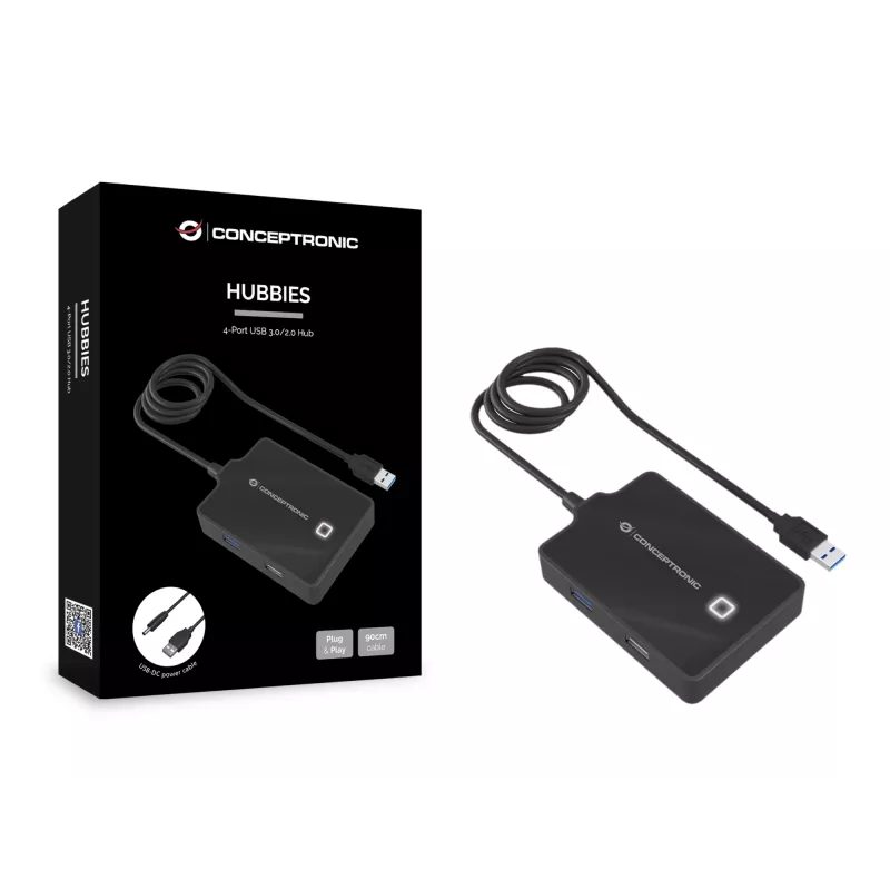 Conceptronic HUBBIES 4-pordiline USB 3.0/2.0 jaotur, 90 cm kaabel, USB 3.2 Gen 1 (3.1 Gen 1) Type-A, must, USB 2.0, USB 3.2 Gen 1 (3.1 Gen 1) Type-A, Hiina, 87 mm, 55 mm