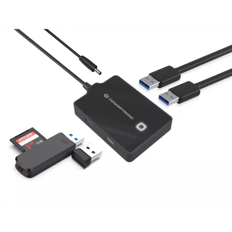 Conceptronic HUBBIES 4-pordiline USB 3.0/2.0 jaotur, 90 cm kaabel, USB 3.2 Gen 1 (3.1 Gen 1) Type-A, must, USB 2.0, USB 3.2 Gen 1 (3.1 Gen 1) Type-A, Hiina, 87 mm, 55 mm