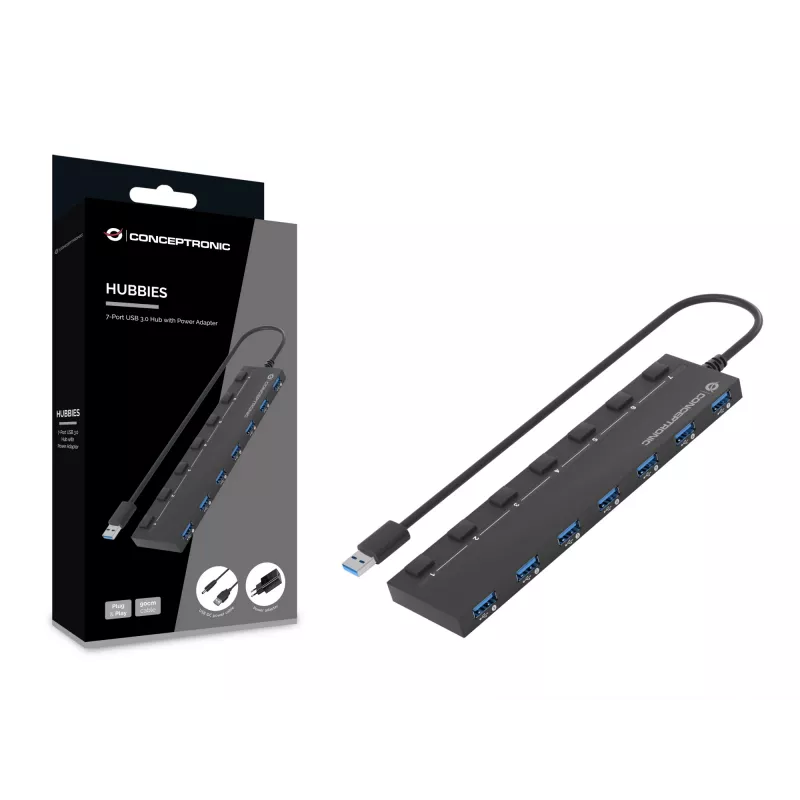 Conceptronic HUBBIES19BP 7-pordine USB 3.0 jaotur toiteadapteriga, 90cm kaabel, individuaalsed toitelülitid, USB 3.2 Gen 1