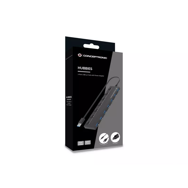Conceptronic HUBBIES19BP 7-pordine USB 3.0 jaotur toiteadapteriga, 90cm kaabel, individuaalsed toitelülitid, USB 3.2 Gen 1