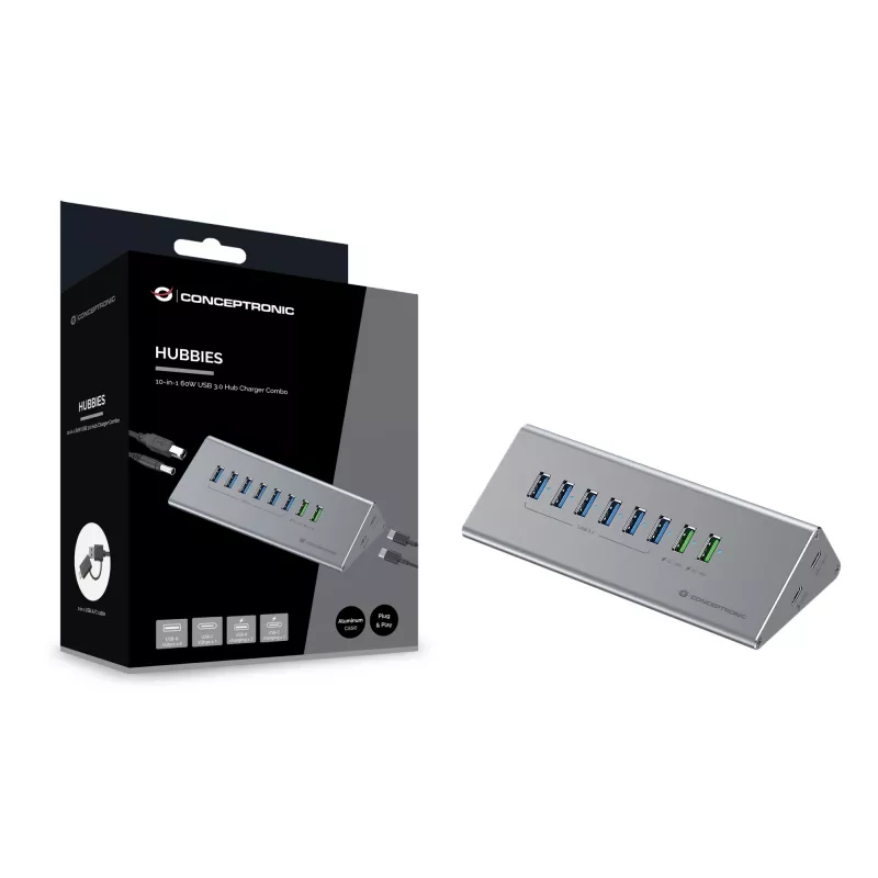 Conceptronic HUBBIES18G 10-in-1 60W USB 3.0 jaotur-laadija komplekt, 2-in-1 USB-C USB-A kaabel, USB 3.2 Gen 1